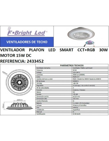 VENTILADOR PLAFON LED SMART CCT+RGB 30W MOTOR 15W DC ELECTROBILSA 